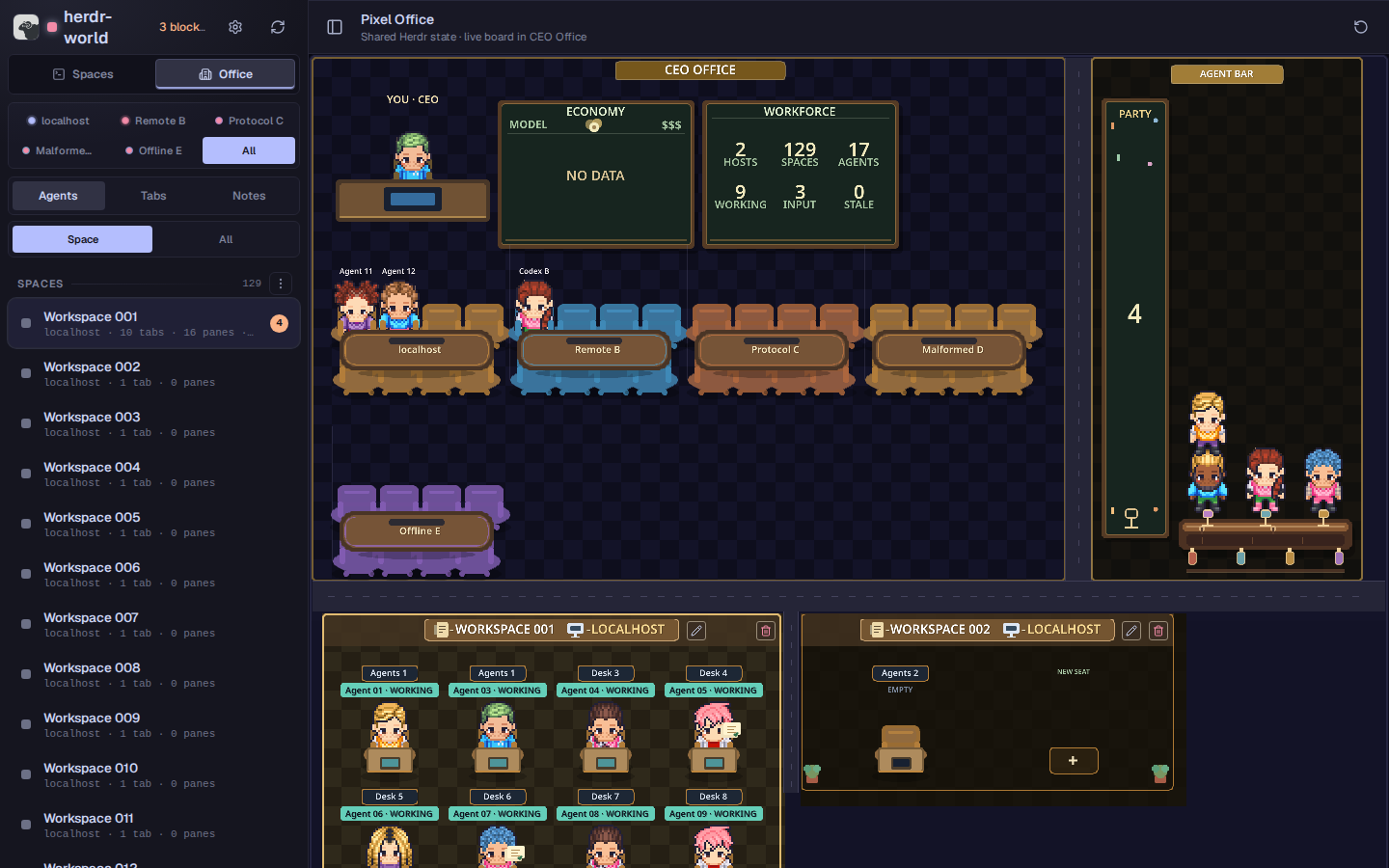 Herdr World Pixel Office showing multiple Herdr hosts, workspaces and agents
