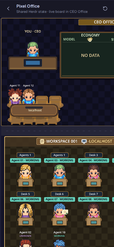 Herdr World Pixel Office at a 375-pixel mobile viewport